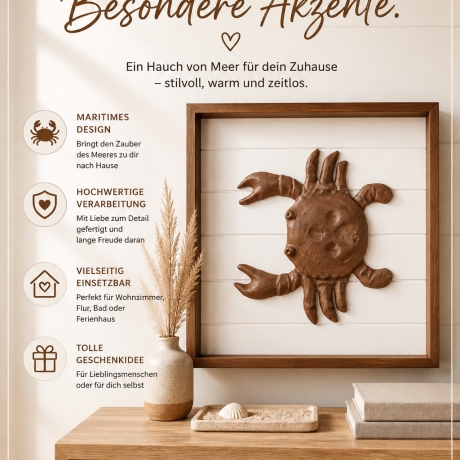 Wandbild Krabbe –  3D-gedruckte maritime Deko mit Rahmen