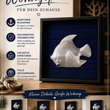 Maritimes 3D-Wandbild Fisch Motiv mit Rahmen 