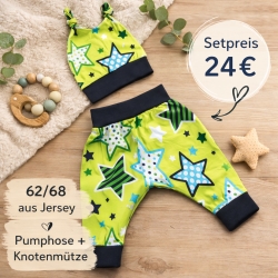 Geschenk zur Geburt Babyset grün blau Sterne Hose & Mütze 62/68