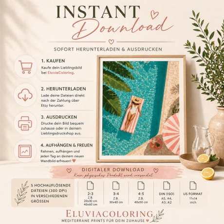 Sommer Pool Poster, Mediterrane Wandkunst, Strand Deko- 12 Größen