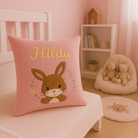 Persoanlisierte Nameskissen mit Hase im Blumenkranz