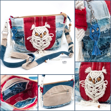 Hippie Künstlertasche - UPCYCLING Jeans-Tasche mit Makrameemotiv