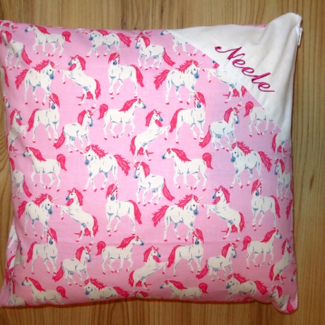 Dekokissen m Namen bestickt Kissenbezug Einhorn Pink Rosa
