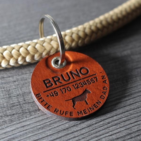 DOG TAGS / HUNDEMARKEN - Leder - v2 ( HUND ) - rund - Ø 3,4 cm