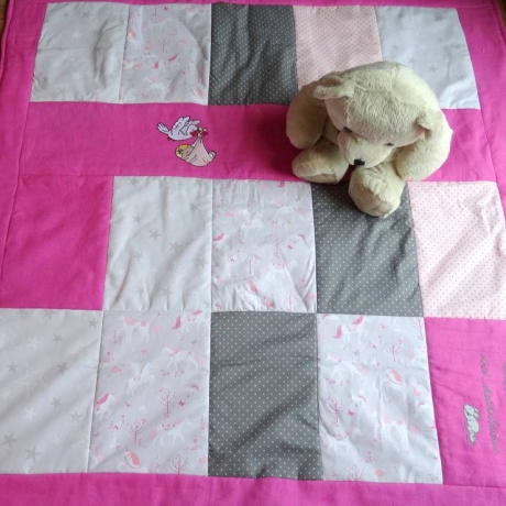Krabbeldecke Storch, Patchwork, Kuscheldecke, Tagesdecke