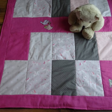 Krabbeldecke Storch, Patchwork, Kuscheldecke, Tagesdecke