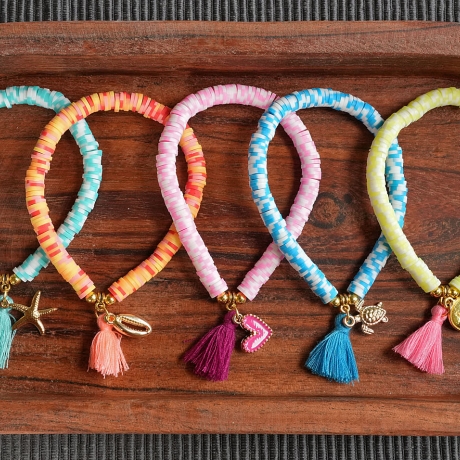 Perlenarmband Katsuki, Heishi, Herz, Quaste, Neon, Hippie, Boho