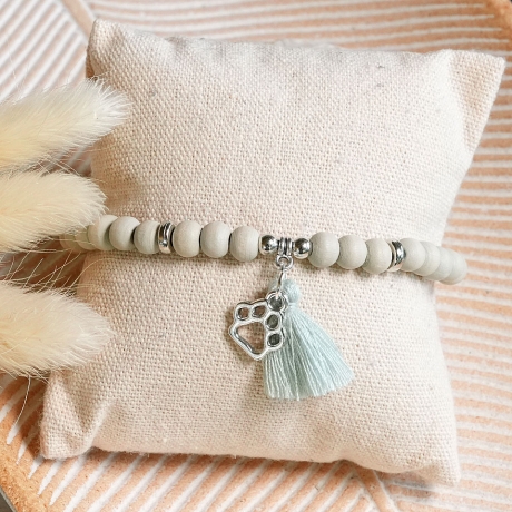 Armband Hundepfote, Quaste & Holzperlen, Geschenk, Hundeliebhaber