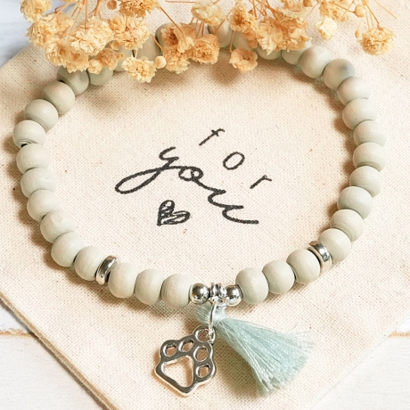 Armband Hundepfote, Quaste & Holzperlen, Geschenk, Hundeliebhaber