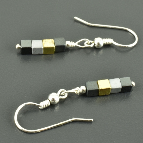 Zart leicht Würfelohrringe Hämatit 925er Silber - minimalistisch 