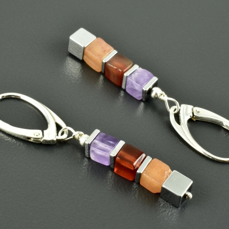Hängeohrringe mit Aventurin, Karneol, Amethyst und 925er Silber 