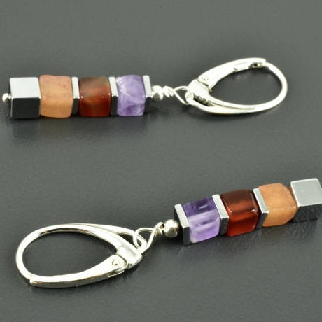 Hängeohrringe mit Aventurin, Karneol, Amethyst und 925er Silber 