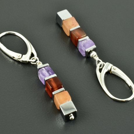 Hängeohrringe mit Aventurin, Karneol, Amethyst und 925er Silber 