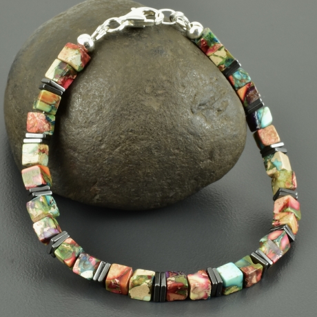 Buntes Würfel-Armband Jaspis Hämatit Armkettchen, Würfelschmuck, 
