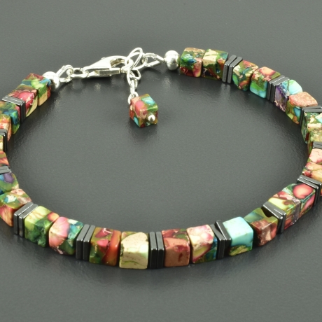 Buntes Würfel-Armband Jaspis Hämatit Armkettchen, Würfelschmuck, 