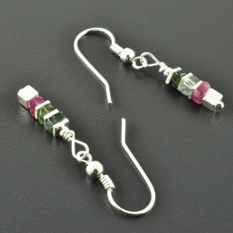Würfel Ohrringe  rosa grün Turmalin, 925er Silber minimalistisch
