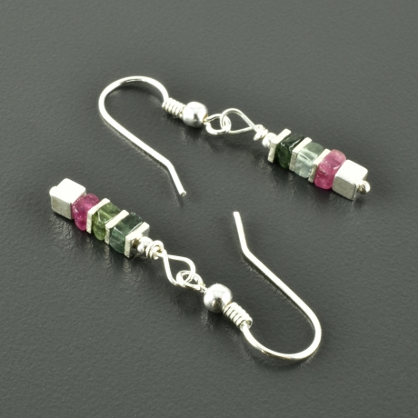 Würfel Ohrringe  rosa grün Turmalin, 925er Silber minimalistisch