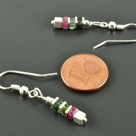 Würfel Ohrringe  rosa grün Turmalin, 925er Silber minimalistisch