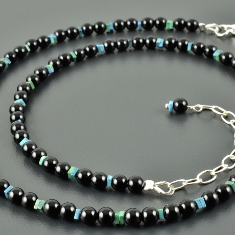Onyxkette Perlen Chrysokoll eckig schwarz türkis Halskette