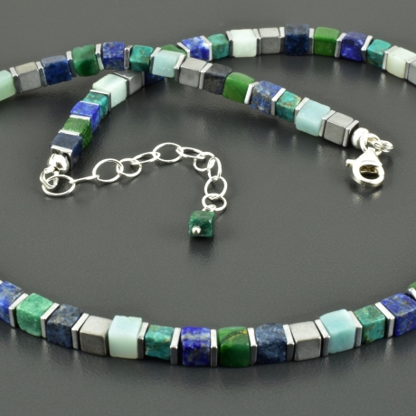 Würfelkette blau grün Edelsteine Türkis Lapis Dumortierit zart