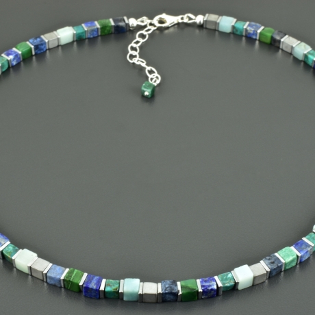 Würfelkette blau grün Edelsteine Türkis Lapis Dumortierit zart