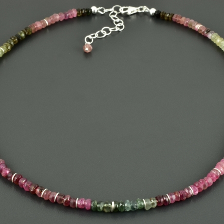 Edle Turmalinkette grün rosa facettierte Scheiben 925er Silber
