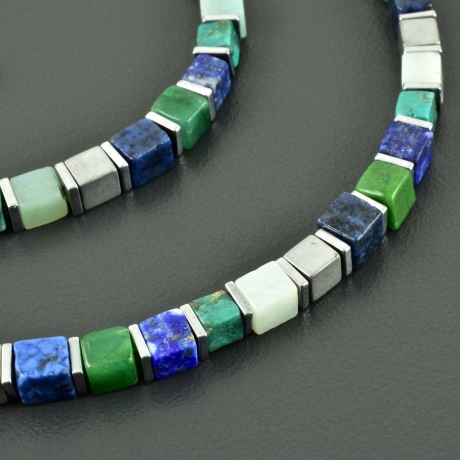 Würfelkette blau grün Edelsteine Türkis Lapis Dumortierit zart