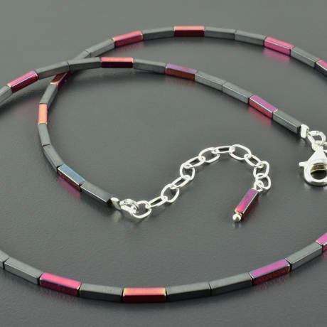 Kette Hämatit Rechtecke minimalistisch grau grün pink Geschenk