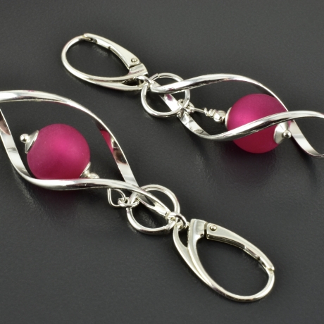 Spiral - Ohrringe Polarisperle pink 925er Silber Ohrhänger lang