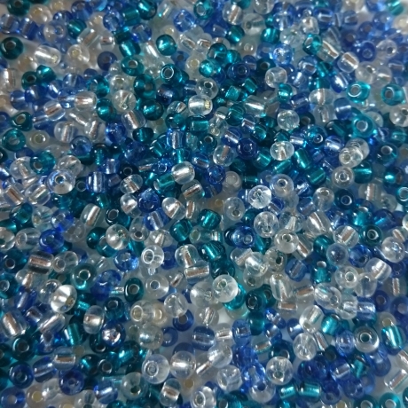 600 St. Glasperlen Mix Rocailles petrol, blau, weiß 3 - 4 mm