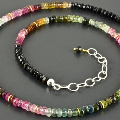 Edle Turmalinkette bunt multicolor facettierte Würfel vergoldet