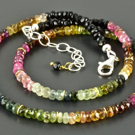 Edle Turmalinkette bunt multicolor facettierte Würfel vergoldet
