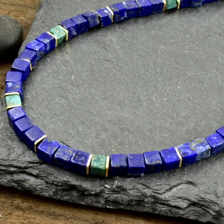 Lapislazuli-Türkis-Kette vergoldetes Silber eckig Edelsteine