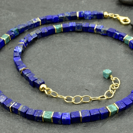 Lapislazuli-Türkis-Kette vergoldetes Silber eckig Edelsteine