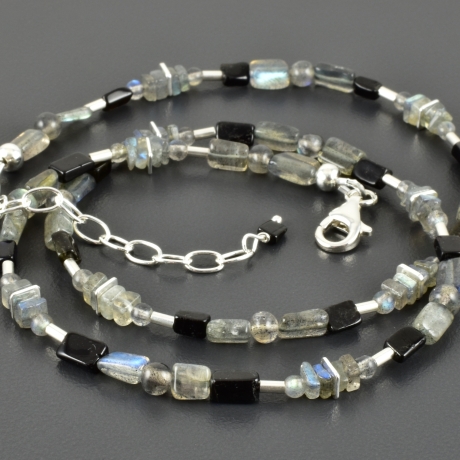 Labradoritkette Turmalin 925er Silber schwarz grau dezent zart