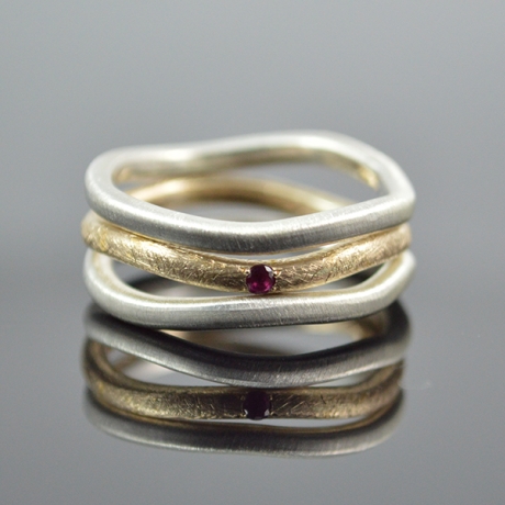 Ringset Minimalistic Trio Silber-Gold333 Gold -Rubin