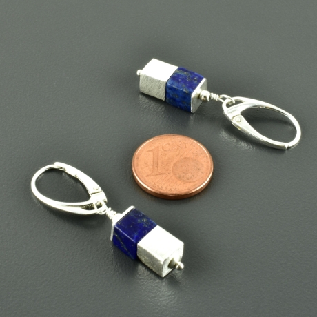 Lapislazuli Würfel-Ohrringe dunkelblau 925er Silber natürlich