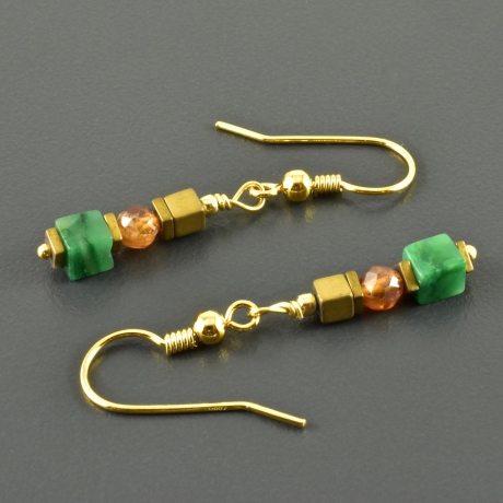 Ohrringe Ohrhänger mit Prasem Granat Hämatit Würfel grün gold