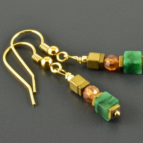 Ohrringe Ohrhänger mit Prasem Granat Hämatit Würfel grün gold