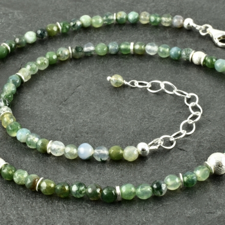 Moosachatkette grün 925er Silber zart Edelsteine Geschenk Perlen