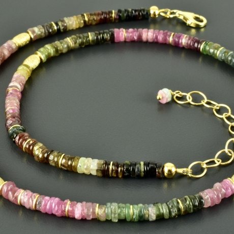 Turmalincollier Kette vergoldet 925er Silber bunt facettiert