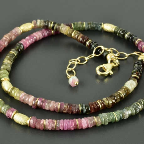 Turmalincollier Kette vergoldet 925er Silber bunt facettiert