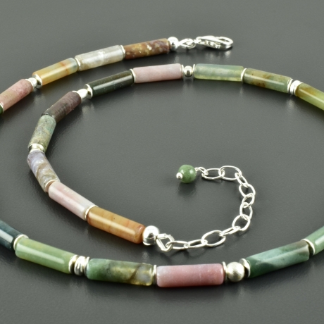 Edelsteinkette indischer Achat grün rosa 925er Silber Röhrchen