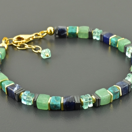 Armband Armkettchen Edelsteine Würfel blau grün vergoldet