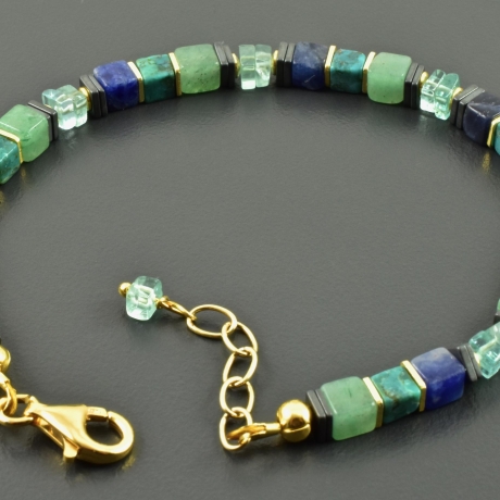 Armband Armkettchen Edelsteine Würfel blau grün vergoldet