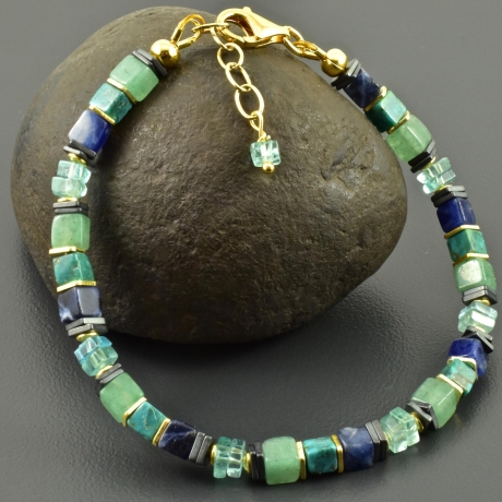 Armband Armkettchen Edelsteine Würfel blau grün vergoldet