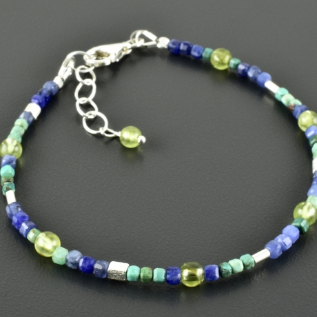 Zartes Würfelarmband, Chrysokoll, Sodalith, Peridot 925er Silber 