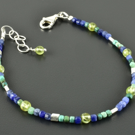 Zartes Würfelarmband, Chrysokoll, Sodalith, Peridot 925er Silber 