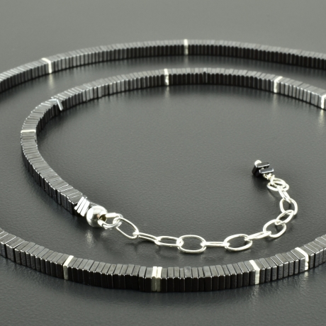 Hämatitkette mit 925er Silber, eckig Männerschmuck anthrazit