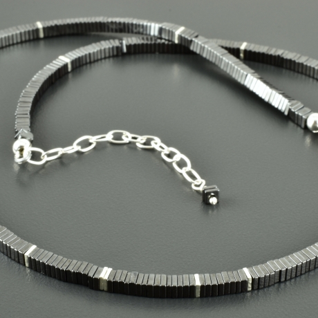 Hämatitkette mit 925er Silber, eckig Männerschmuck anthrazit